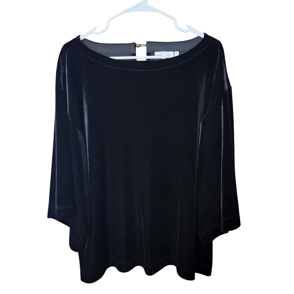 Chicos Black Velvet Boat Neck 3/4 Sleeve Top Size 3 XL Rhinestone Keyhole